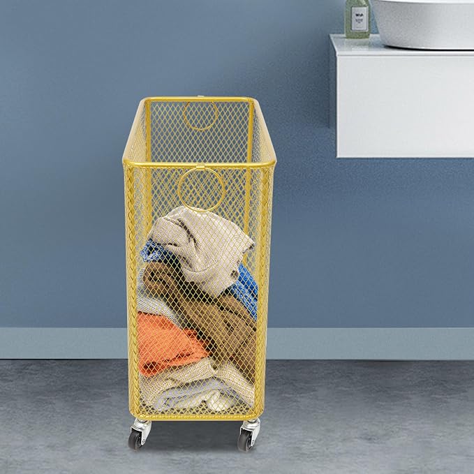 Rolling Laundry Basket with Wheels and Round Handle, Rectangular Metal Mesh Wire Laundry Hamper, Wheeled Dirty Clothes Basket, Utility Storage Cart Bathroom Organizer for Home (Gold-Rectangular)