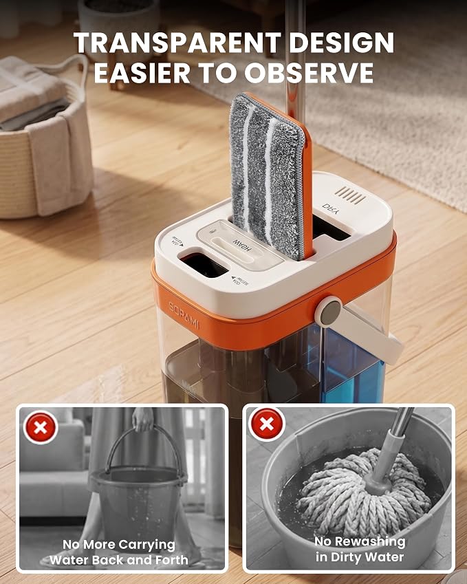 SOPAMI 3-Tank Flat Mop and Bucket System with Wringer | 53.54" Height, 4 Washable Pads. Separates Dirty & Clean Water for Hygienic Cleaning on Hardwood, Tile, Vinyl & Walls.