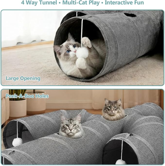 Ownpets Cat Tunnel Large 12 inch Diameter Sturdy Oxford Fabric Cat Tunnel Toy, Cactus Shape Collapsible Cat Tunnels for Indoor Cats,Interactive Peek Hole Pet Tunnel Tube with Cat Wand Toy