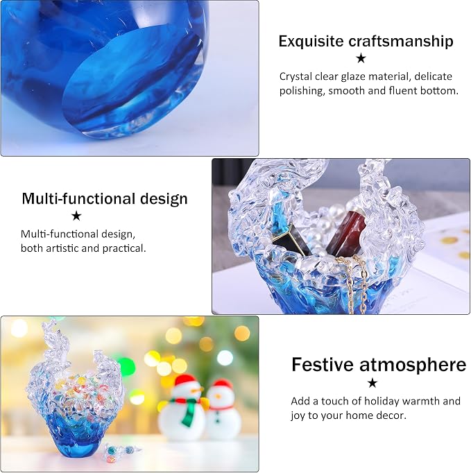 suruim Hand Blown Glass Wave Sculpture Figurines Blue and Clear Art Glass Bowl for Home Decor, Sea Glass Figurine, Nautical Sea Glass Decorations, Multipurpose Storage for Keys, Jewelry, Candy