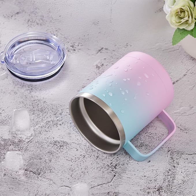 MEWAY 12oz Coffee Mug With Handle 2 Pack Bulk,Stainless Steel Insulated Travel Tumblers With Sliding Lid,Double Wall Vacuum Camping Cup for Hot & Cold Drinks Tea (Bubble Gum&Blue Waves,Set of 2)
