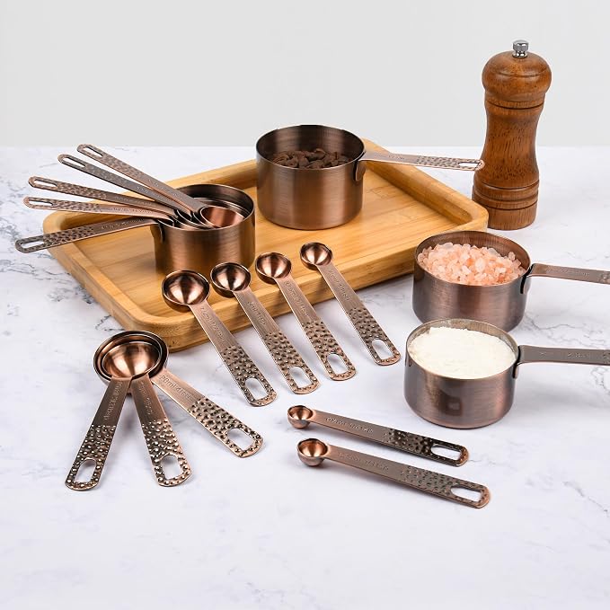 Copper Measuring Cups and Spoons Set, Stainless Steel Measuring Cups Spoons, Metal Metric & US 8 Measure Cup, 9 Kicthen Measure Spoons & Leveler for Baking & Kitchen