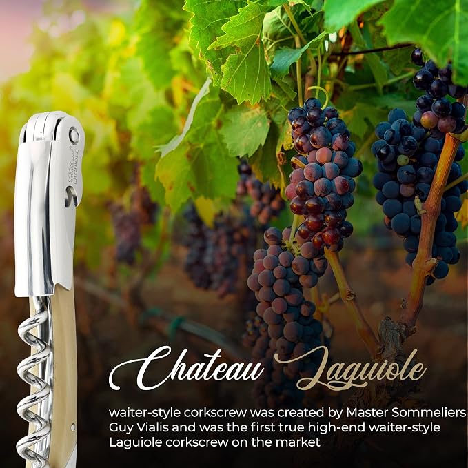 Chateau Laguiole Corkscrew - Grand Cru - White Horn French Luxury Laguiole Wine Opener – Laguiole Wine Key Made in France - Wine Sommelier Bone Handle Wine Corkscrew with Leather Sheath & Gift Box