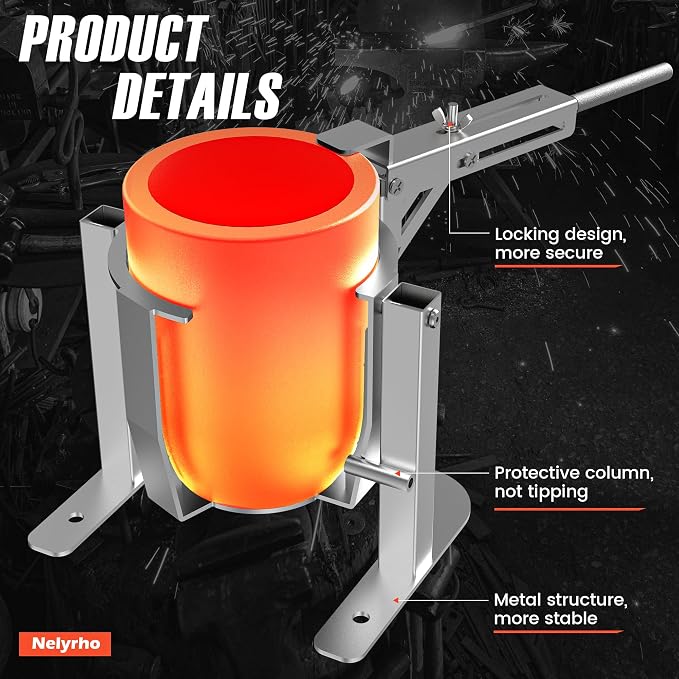 Nelyrho Handheld Crucible Pouring Tongs with Crucible #8 (8kg-17.6lbs) | Includes pouring rack and graphite crucible, designed for use with melting furnaces, casting gold, silver, aluminium, brass