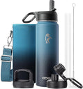 Coolflask Water Bottle 20 oz Insulated with Straw, Stainless Steel Metal 3 Lids Water Flask Wide Mouth for Sports or Office, Non-BPA Keep Cold Up to 48 Hrs or Hot Up to 24 Hrs, Samurai Cyan
