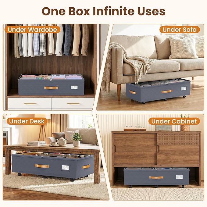 80L 2 Pack Adjustable Under Bed Storage Containers with Wheels | Rolling shoe storage organizer with clear lids and label for dorm home clothes, blankets, toys, easy to install, grey