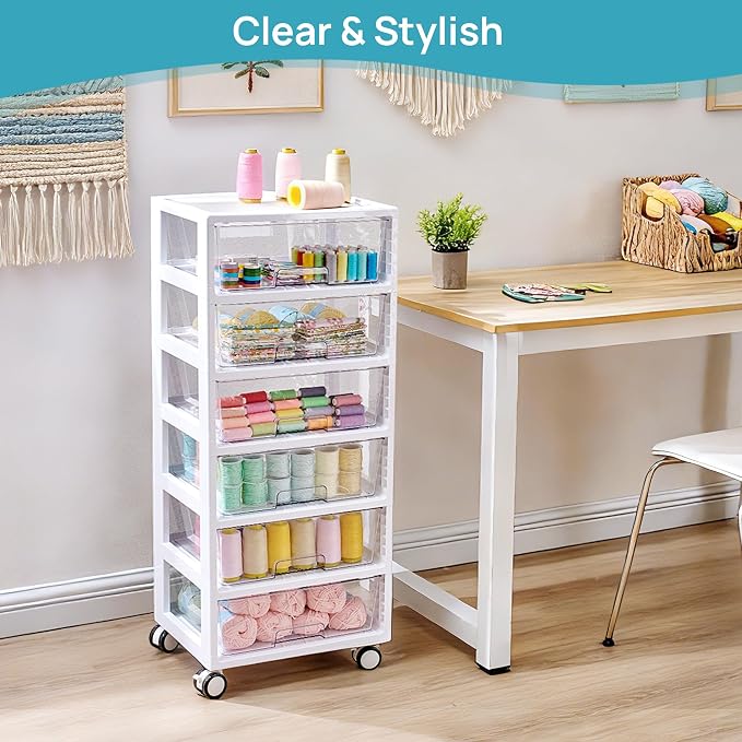 Vtopmart 6-Tier Rolling Cart with Deep Drawers, Clear Plastic Storage Organizer for Art & Craft Supplies, Toy, Office, Classroom, Bedroom, Bathroom
