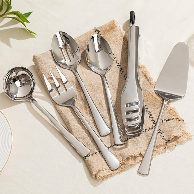 8 Piece 18/10 Serving Utensils Set, Stainless Steel Serving Set | Large Serving Utensils, Slotted Spoon, Serving Spoon, Fork, Tong, Soup Ladle, Cake Server for Buffet, Parties, Kitchen