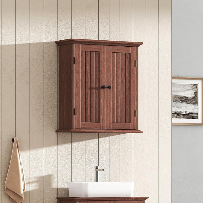 ChooChoo Bathroom Wall Cabinet, Over The Toilet Space Saver Storage Cabinet, Farmhouse Medicine Cabinet with 2 Doors and Adjustable Shelves, Cupboard, Walnut