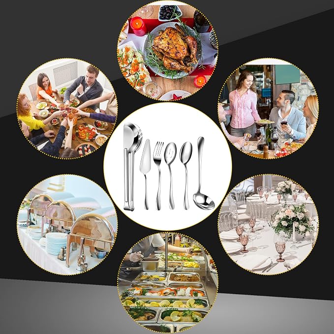 Thenshop 30 Pcs Serving Utensils Set Stainless Steel Flatware Serving Set Include Large Spoons Slotted Spoons Forks Soup Ladle Pie Server and Tongs for Buffet Catering Party Restaurant(Silver)