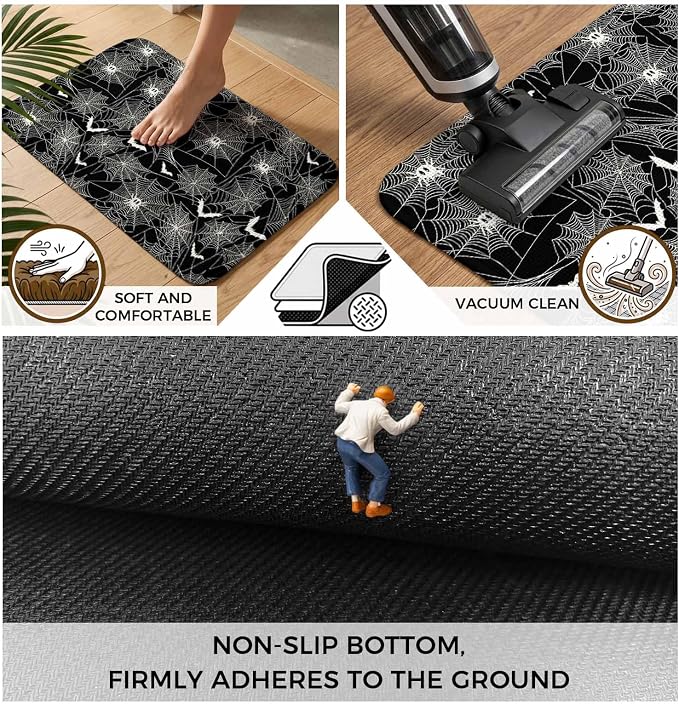 Halloween Bathroom Runner Rugs Non Slip Washable Absorbent Narrow Long Bath Mat Black Scary White Bat Animal Net Geometric Runner Rugs for Kitchen Hallway Bedroom Laundry Study Room 15.7"x47.2"