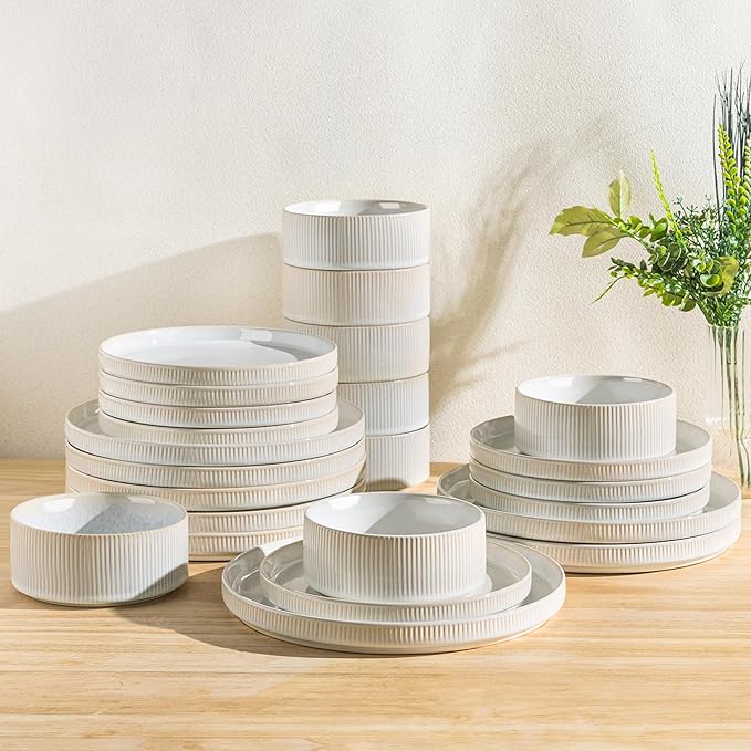 TheTerra Ceramic Dinnerware Sets for 8, 24 Pieces Porcelain Lightweight Plates and Bowls Sets, Scratch Resistant Dish Set, Oven & Microwave & Dishwasher Safe,Reactive White