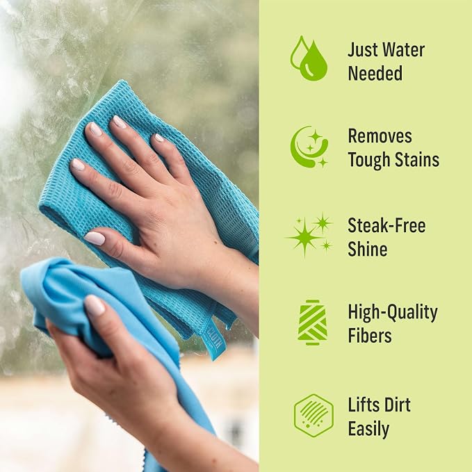 E-Cloth 3-Pack Window Cleaning Cloth - Streak-Free Glass & Mirror Cleaning Kit with Just Water, Glass Cleaning Cloth, Microfiber Towel Kit for Windows, Car Windshield, Mirrors - Alaskan Blue