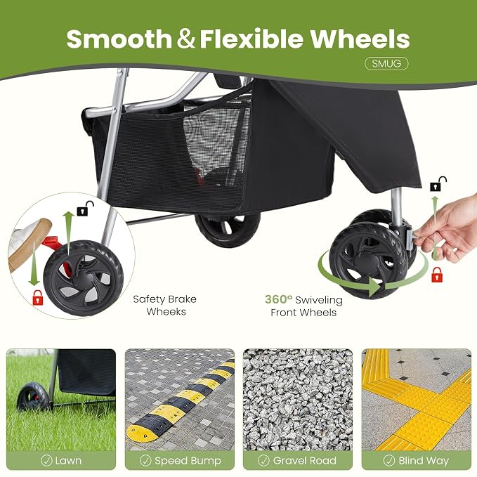 DUMOS 3 Wheels Pet Stroller for Small Dogs and Cats – Foldable Dog Stroller with Mesh Windows, Storage Basket & Cup Holder, Lightweight & Durable Pet Carrier for Travel, Outdoor Use – Black