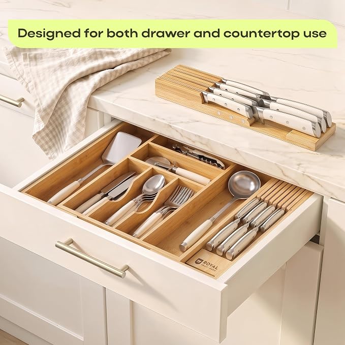 Drawer Organizer for Kitchen Organization – Expandable Bamboo Silverware Drawer Organizer with Removable Knife Block, Bamboo Cutlery, Non-Slip Utensil Organizer with 7-Slot Knife Storage for Flatware