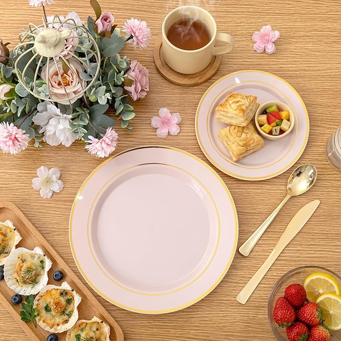 WDF Partyware 350PCS Pink Disposable Plates - Pink Plastic Plates 50Guests Plastic Dinnerware Sets with Rolled Napkins for Wedding/Birthday/Baby shower
