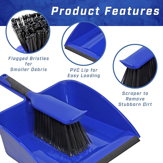 Faithfull FAIBRDUSTLRG Large Heavy-Duty Plastic Dustpan and Brush Set, PVC Lip, Flagged Bristle Brush with Built-in Scraper for Easy Cleaning & Sweeping