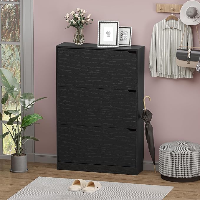 BORNOON Shoe Storage Cabinet with 3 Flip Drawers,Narrow Shoe Rack Cabinet,Freestanding Organizer Storage for Entryway, Hallway, Black