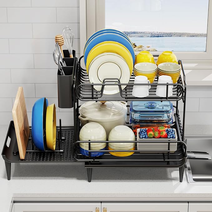Urackify Dish Drying Rack for Kitchen Counter, Expandable 2 Tier Dish Rack, Large Capacity Dish Drainer with Drainboard Multifunctional Dish Strainer with Removable Cutlery Holder Black | 2 Tier. Expands from 16.9 to 26.6 inches to fit more dishes, wit...