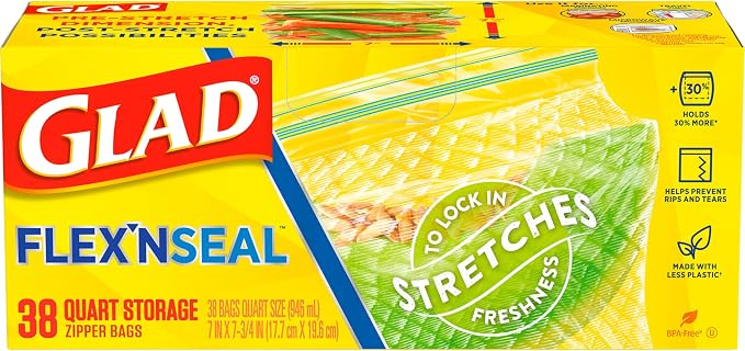 Glad Flex'N Seal Food Storage Plastic Bags, Quart, 38 Count (Package May Vary)