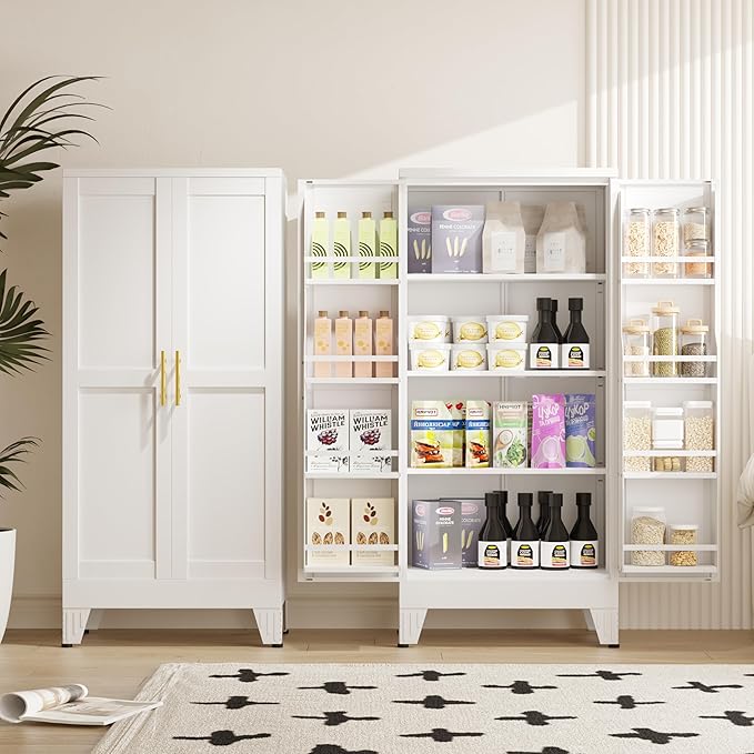 GAIOUS Metal Kitchen Pantry Cabinet, Food Storage Cabinets White Cupboard | Storage Cabinet with 2 Door and 3 Adjustable Shelves, Freestanding Steel Sideboard, with Door Shelf, for Kitchen Dinning Room