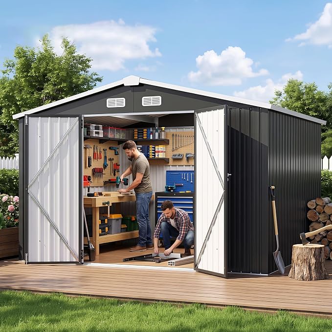 Aoxun 9.8x7.6 FT Shed Outdoor Storage Shed, Black | Metal Shed with Lockable Doors & Slooping Roof Garden Tool Shed for Backyard, Patio, Poolside