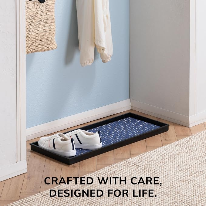 Anji Mountain Rubber Boot Tray with Coir, Fits 3 pair (34.5” wide), Blue & Ivory Insert