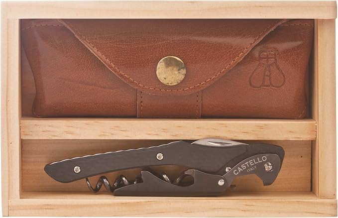 Castello Carbon Fiber Waiter's Corkscrew with Leather Pouch in Wood Box