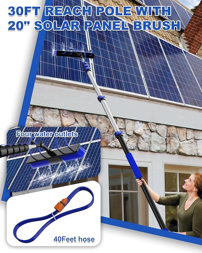 30Ft Reach Solar Panel Cleaning Brush Kit with 5-24ft Telescoping Pole, Water Fed Window Cleaner Tool with 20" Brush, Soap Dispenser, Cobweb Duster, Squeegee for Roof, RV, Gutter, Boat, Deck