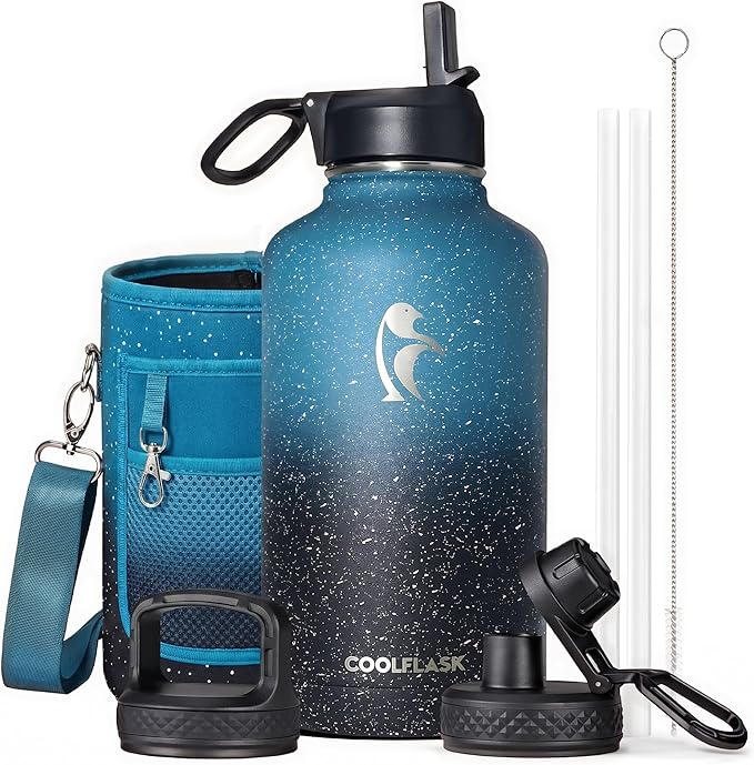 Coolflask 64 oz Water Bottle Insulated with Straw&3 Lids, Half Gallon Water Jug Galaxy Large Metal Stainless Steel Vacuum Flask for Gym, Sports and Travel, Keep Cold 48H Hot 24H,Turquoise