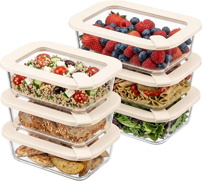 Glass Food Storage Containers with Glass Lids, Microwave Safe Food Container Set, Aitight Meal Prep Container Set, LeakProof, 100% Plastic Free, 6 Pack