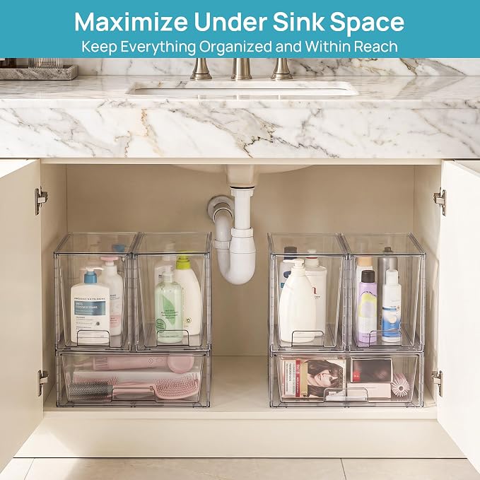 Vtopmart 6 Pack Stackable Storage Drawers, Easily Assemble Clear Plastic Organizer Bins, 2 Wide Drawers and 4 High Drawers for Under Sink, Pantry, Kitchen Cabinet, Bathroom Organization and Storage