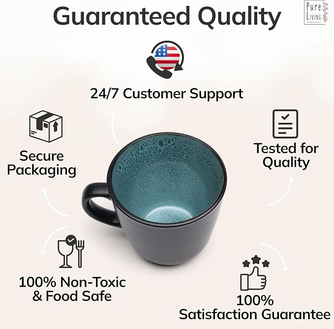 Large Stoneware Coffee Mugs Set of 4, 15.6 oz Coffee Cups with Reactive Glaze, Lead-Free, Dishwasher & Microwave Safe, Stain Resistant for Cocoa, Latte, Cappuccino & Tea, Petrol Blue