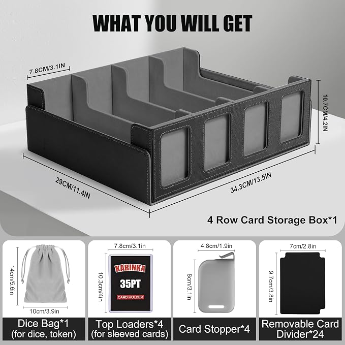 Kabinka Trading Card Storage Box with Commander Display, 4-Row Deck Case with Removable Lid; 2400+ Card Deck Box for MTG TCG Sports Card, 4 Top Loaders, 4 Stoppers, 24 Dividers,1 Dice Bag (Black)