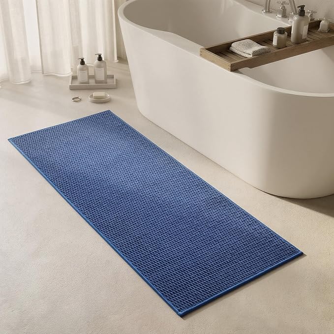 Triohero Bathroom Runner Rug, Long Bath Mat Washable Thin Quick Dry Low Pile Bathroom Runner Rugs 24 x 60 Non Slip, Denim Blue 24"x60"