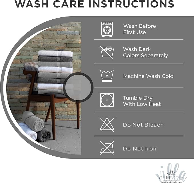 Villa Celestia 12-Piece 100% Cotton Towel Set, 4 Bath Towels, 4 Hand Towels, 4 Wash Cloth, Quick-Dry, Grey