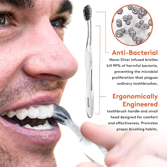 LINHART Extra Soft Toothbrush, White with Black Bristles, 1 Pack | Teeth Whitening, Multi Length Bristles