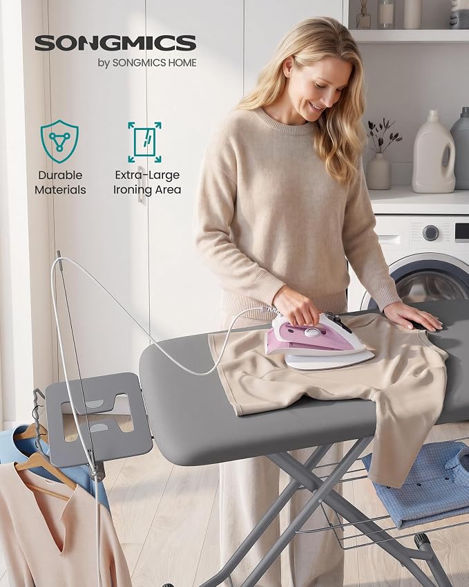 SONGMICS Folding Ironing Board Extra Wide, 18x49, 7-Level Adjustable Height Iron Board with Iron Rest, Cord Holder, Storage Rack, Steel, for Laundry Room, Gray, Borix Collection ULLB010GD01S
