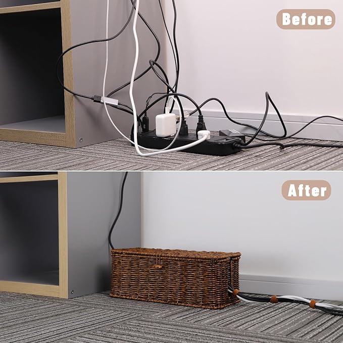 BROWNLILY Rattan Wire Storage Box, Handmade Cord Organizer for Desk Cord Hider Outlet Covers for Power Strip TV PC Router Charger Under Desk Cable Management Box