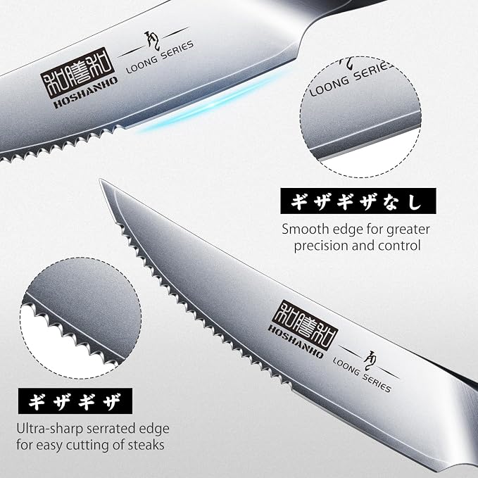 HOSHANHO Steak Knives Set of 6 with Block, 4.5 In Serrated Steak Knife Set | Multipurpose Japanese High Carbon Steel Kitchen Steak Knives with Ergonomic Handle, Ideal Gifts