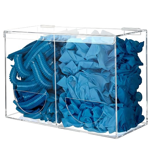 Glove Dispenser Wall Mounted Medical Glove Holder with 2 Compartment Clear Acrylic Hygiene Dispenser for Hair Nets, Shoe Covers, Beard Nets - Sanitation Station Storage Organizer