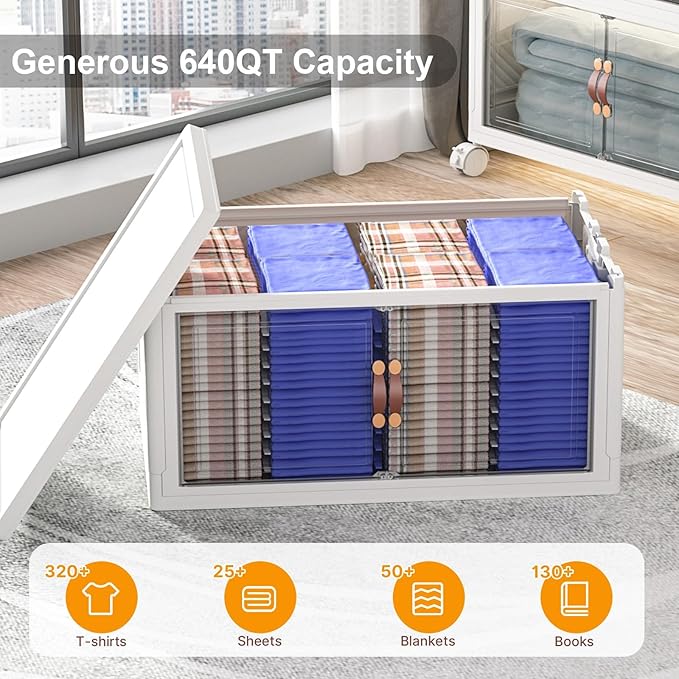 Stackable Storage Bins, 1440QT Collapsible Drawers with 2 Lids | Large Capacity, Magnetic Door, Stack Lock, Rolling Wheels, Foldable Design, Organizers and Storage for Bedroom Dorm Garage