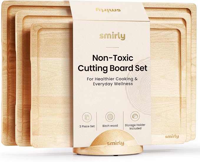 SMIRLY Cutting Boards for Kitchen, 3 Piece Birch Cutting Board with Stand | Non Toxic Wooden Cutting Board with Juice Grooves and Handles, Multiple Sizes Chopping Boards for Meat Vegetable Charcuterie