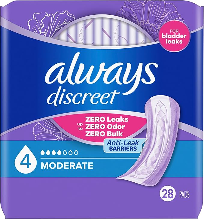 Always Discreet Adult Incontinence Pads for Women, Moderate Absorbency, Regular Length, Postpartum Pads, Up to 100% Bladder Leak Protection, 28 Count