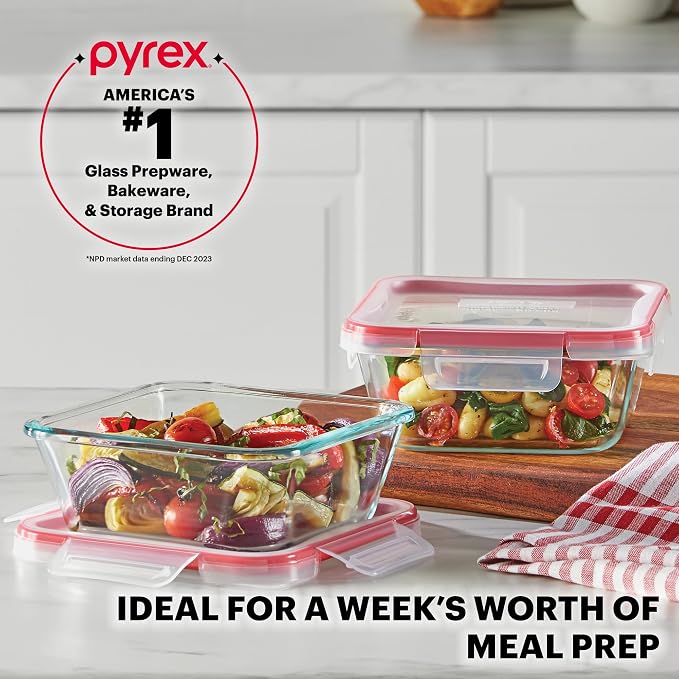 Pyrex Freshlock (5-Pack, 4 Cup) Glass Food Storage Containers Set, Airtight & Leakproof Plastic Locking Lids BPA-Free, Meal Prep Containers Set, Freezer Dishwasher Microwave Safe | Meal prep containers with BPA-free plastic airtight locking lids, freez...