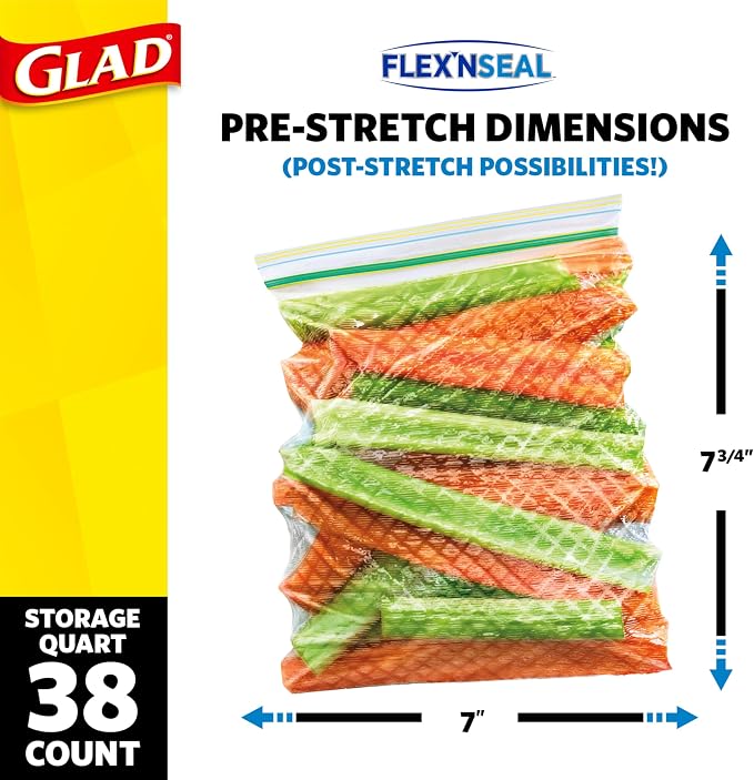Glad Flex'N Seal Food Storage Plastic Bags, Quart, 38 Count (Package May Vary)