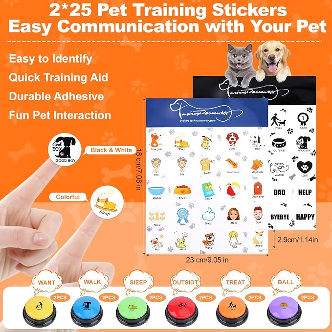 Dog Buttons for Communication, 12 Pcs Dog Talking Button Set, 30s Recordable Voice Pet Training Buzzers, Speaking Buttons for Dogs & Cats with 2 Mats,2 Scene Stickers (Batteries Not Included)