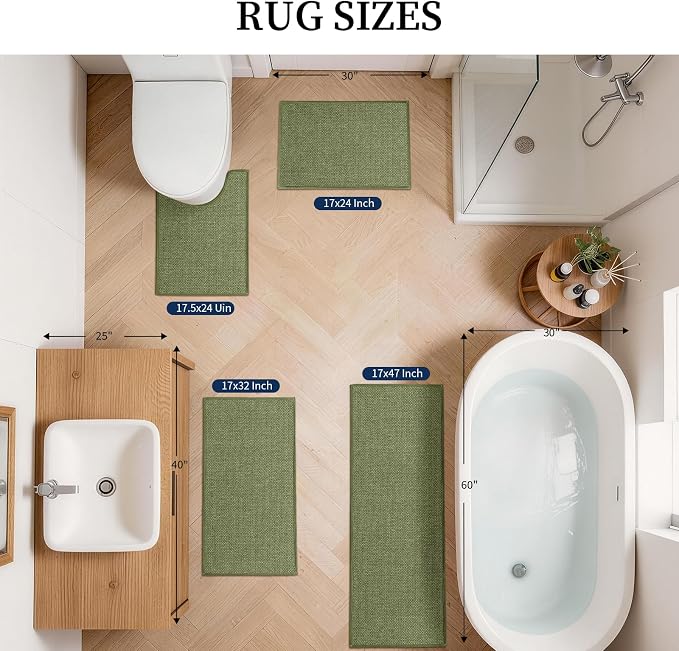 YIHOUSE Green Bathroom Rugs Sets 4 Piece, Quick Dry Non Slip Thin Bath Mat with Toilet Rug, Absorbent Machine Washable Bath Runner Rugs for Bathtub Sink Home Decor