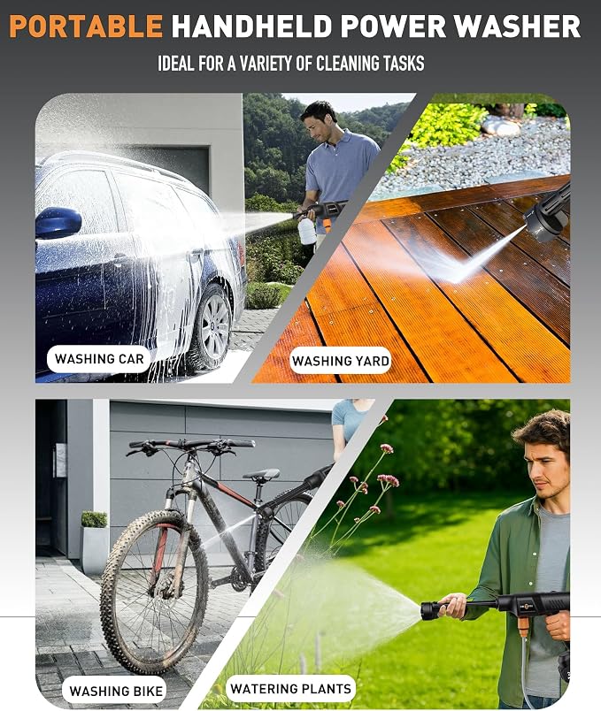 Cordless Car Washer, Portable Cleaning System with 3.0Ah Battery*2, 6-in-1 Nozzle, Foam Sprayer, 17FT Hose, Self-Priming for Car, Garden & Floor Cleaning