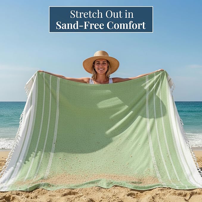 LANE LINEN Beach Blanket Sand Free, Turkish & Large Beach Towel - Jadelime | Sand Free Beach Blanket, 82"x82" - Great For Vacations, Parks & Concerts - Sand Slides Right Off - Roomy Family Size